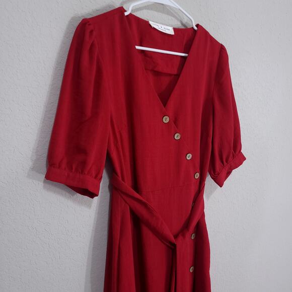 Love Kuza Dress Womens Small Red Midi Below Knee Cotton Linen Summer Office - Picture 11 of 15